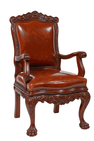 An ornate, antique-style armchair with rich brown leather upholstery, carved wooden frame, and detailed claw-and-ball feet on a black background.