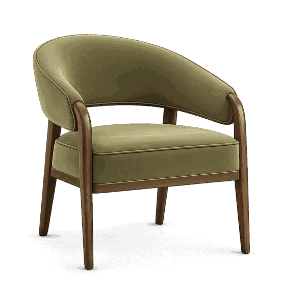 A modern armchair with olive green velvet upholstery and a curved backrest, supported by a dark wooden frame against a solid black background.