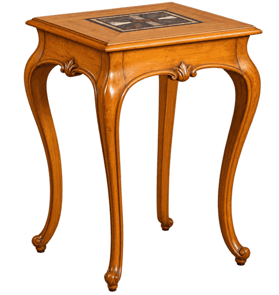 A classic wooden side table with elegant cabriole legs and a decorative inlaid stone top against a solid black background. Contact us for details.