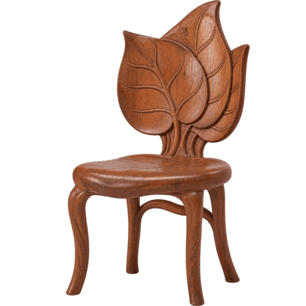 A handcrafted wooden chair featuring a backrest shaped like overlapping leaves, highlighted in a Chinioti Wood Blog post about nature-inspired decor.