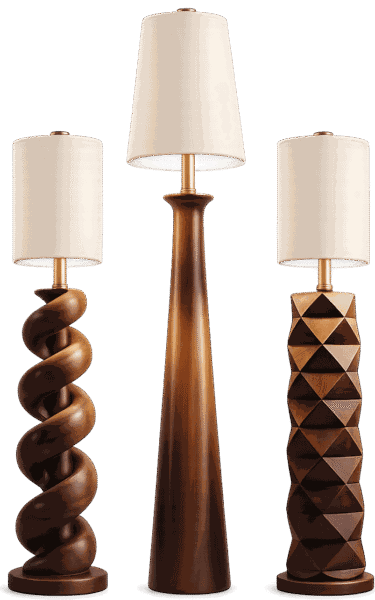 Three distinct wooden floor lamps with white fabric shades stand against a black background, showcasing unique spiral, tapered, and geometric designs.