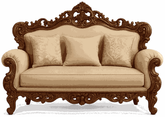 An elegant Cladsi style sofa featuring a dark carved wooden frame with ornate details, cream upholstery, and three decorative throw pillows.